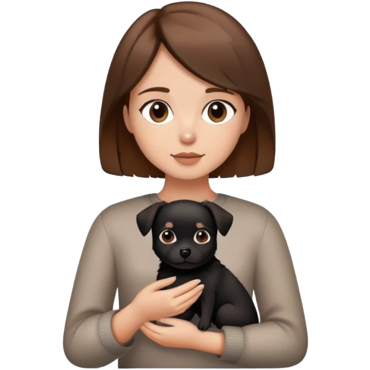 Uma menina de cabelo castanho segurando uma cachorra vira lata pretinha  emoji