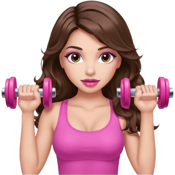 girl with long wavy brown hair, brown eyes, long lashes makeup, sexy pink lips, light to medium complexion, wearing a pink sexy top, lifting a pink dumbells emoji
