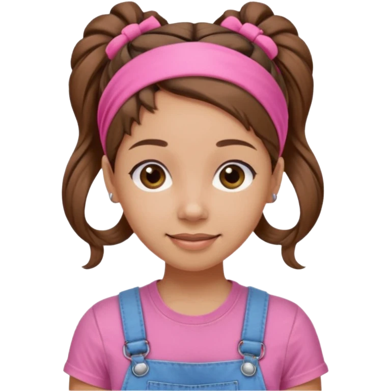 light skin woman with nice brown hair tied together in a one hairtie, wearing a pink t-shirt, demin overalls and pink wraparound hairband. expression is friendly, warm and enthusiastic.  emoji
