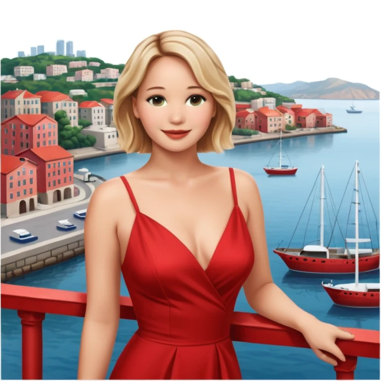 jennifer lawrence, closeup portrait , leaning on a balcony with a harbor and cityscape in the background, smiling, red dress  emoji