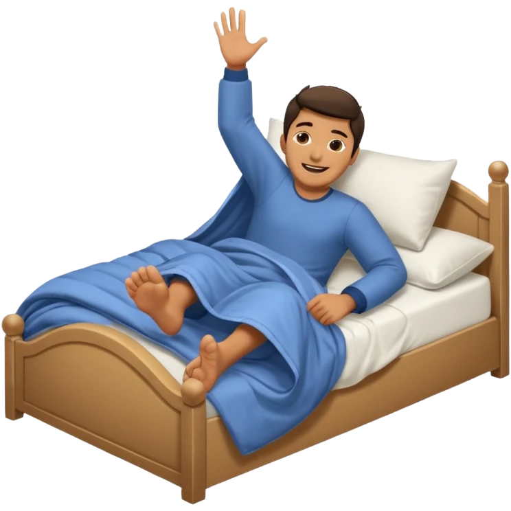 A man in bed under covers kicking feet in air because so excited to sleep. Eyes are closed and he is smiling and Show his feet emoji