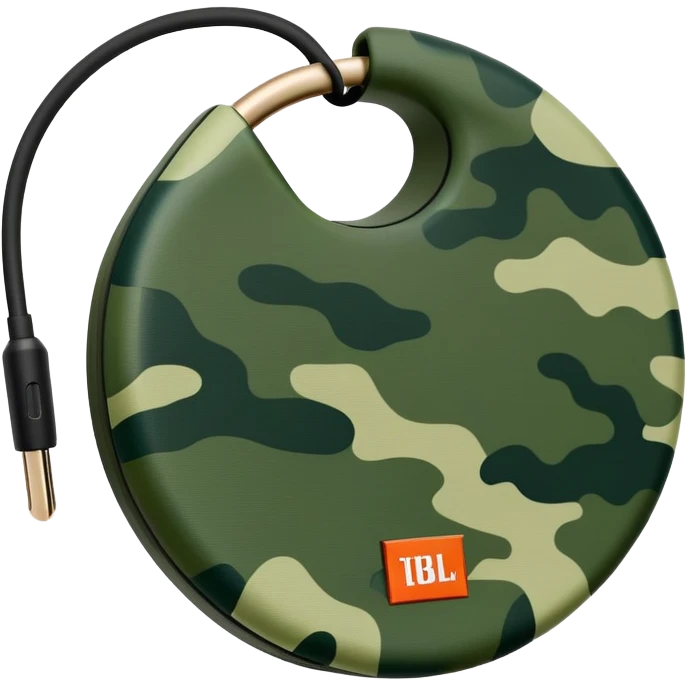 Most minimal JBL Clip 4 possible, flat circular design with clip, abstract green camo pattern, distinct JBL branding, iOS emoji style emoji