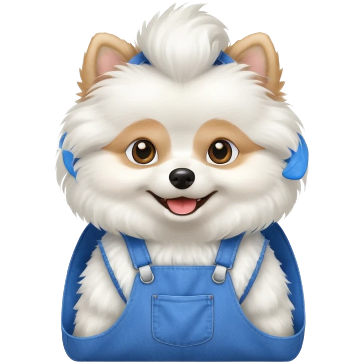 A white pomeranian wearing blue overalls emoji