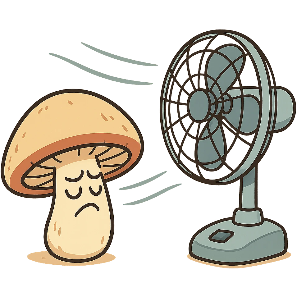 a cartoon style illustration of a mushroom with wind lines from a fan showing the drying process emoji