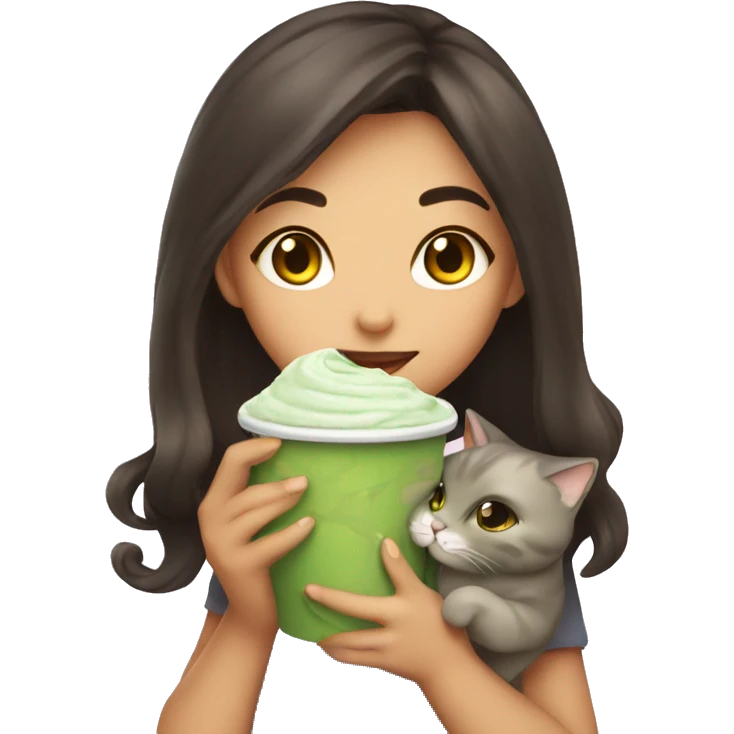 Cute girl holding a cat and cup of iced matcha  emoji