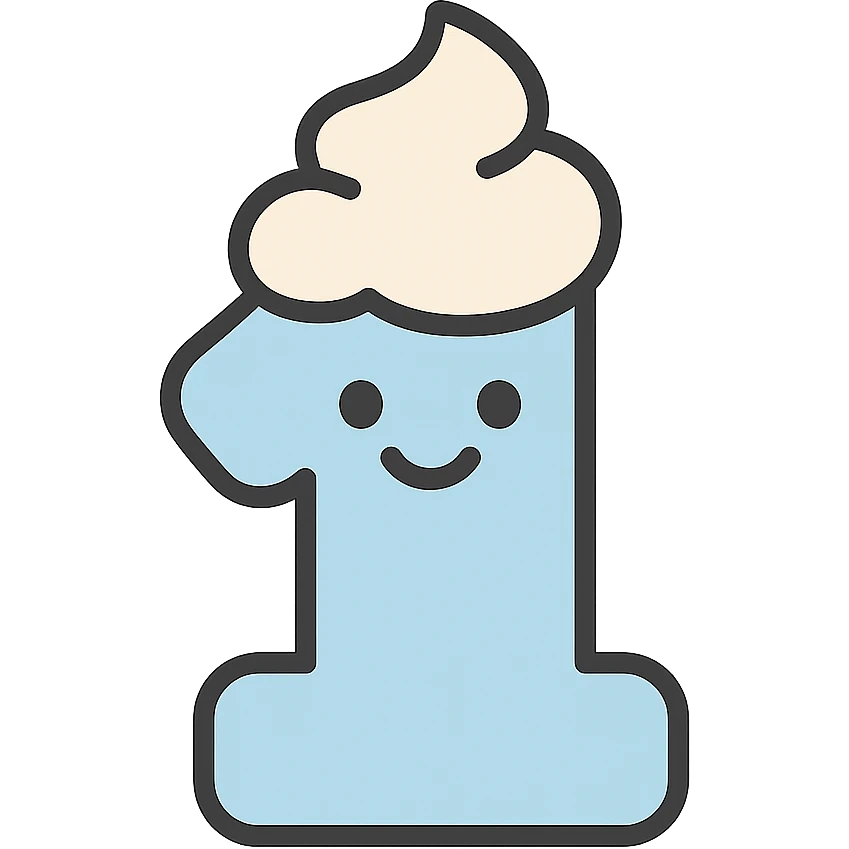 Cute number 1 emoji with whipped cream top, softcore aesthetic, pastel blue and beige colors, smiley happy face emoji