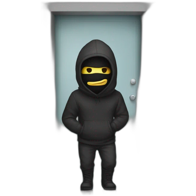 a man with a balaclava passing by a door that says bonda 69 emoji