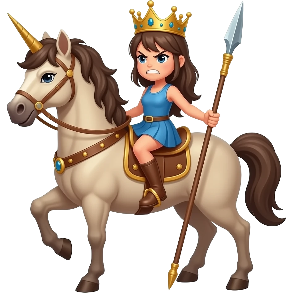 create an emoji, it must be a centaur, but a girl centaur, it must be wearing a crown, and she seems angry, and she has a spear in her hand. the face looks good but you have to show her horse body as well emoji
