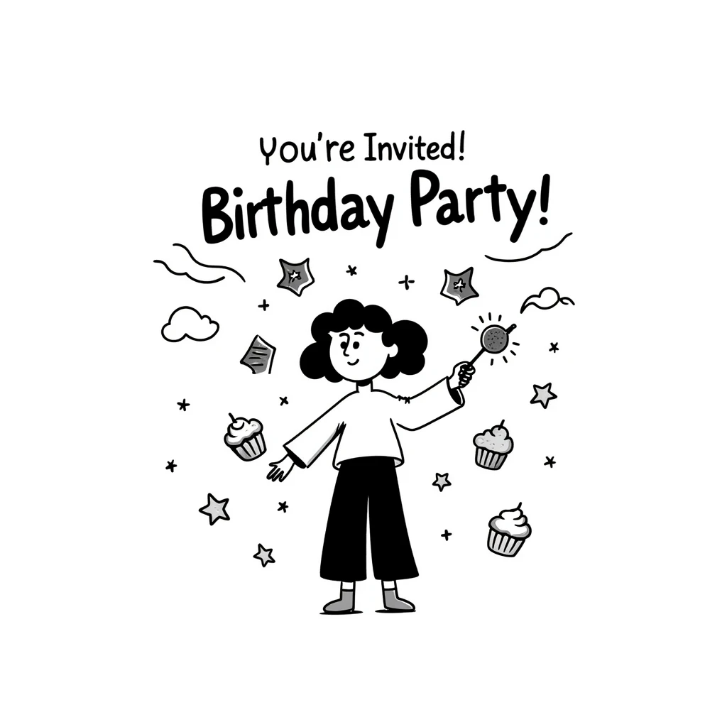 colorful magical themed birthday party invitation illustration with sparkles, wands, whimsical decorations, and the text: "You're Invited! Birthday Party at 100 Post St, San Francisco, May 10, 2025" emoji