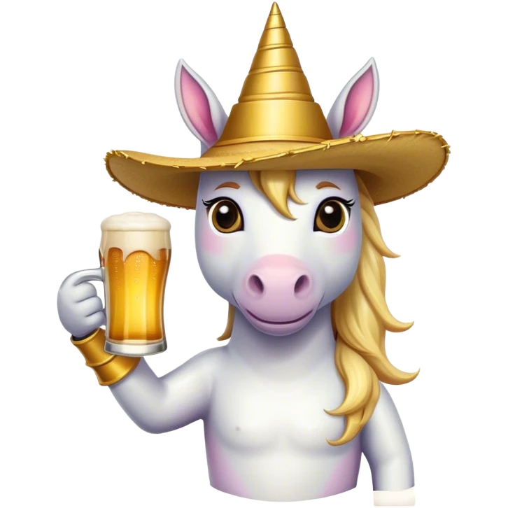 unicorn with a golden sambrero holding a beer emoji