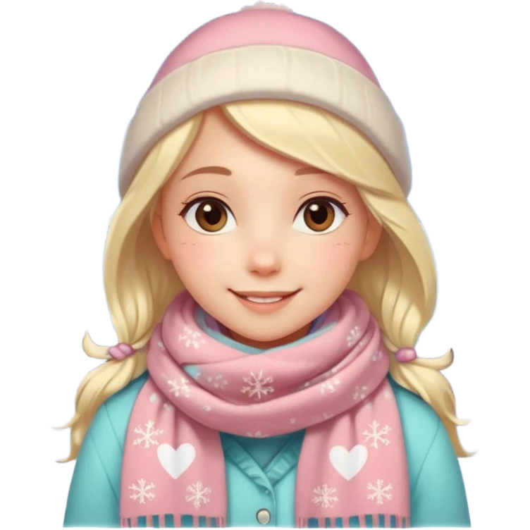 A cute, warm Christmas emoji-style illustration for a romantic A cozy winter atmosphere, soft pastel colors, gentle lighting. A sweet smiling girl with a warm scarf, glowing Christmas lights, snowflakes, and a small heart symbol. clean lines, closeness, and affection.
 emoji