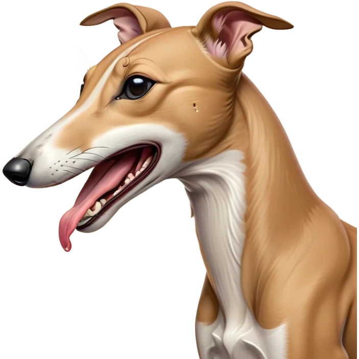 Cinematic Cute Yawning Fawn Greyhound Portrait Emoji, Head tilted slightly with a dramatic, wide-open yawn, showcasing a smooth fawn Fur with a refined finish, floppy ears slightly drooping, round eyes barely open in drowsy contentment, Simplified yet irresistibly adorable features, highly detailed, glowing with a soft, cozy glow, high shine, relaxed yet expressive, stylized with a touch of whimsy, bright and endearing, soft glowing outline, capturing the essence of a sleepy yet affectionate companion, so drowsy it feels like it could stretch out of the screen and curl up for a nap! emoji