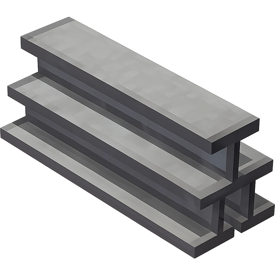 Edit the image to show three long steel I-beams in an isometric 3D view, with two beams on the bottom and one on top. Use a clear gray metallic color for the beams. No background. Match the style of the reference image. emoji