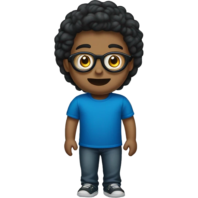 humano de óculos redondo preto, cabelo liso, olhos claros e com camiseta de cor azul marinho escrito TERCEIRO "C" emoji