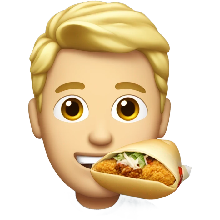 White guy with blonde pompadour hairstyle eating a burrito and chicken tenders emoji