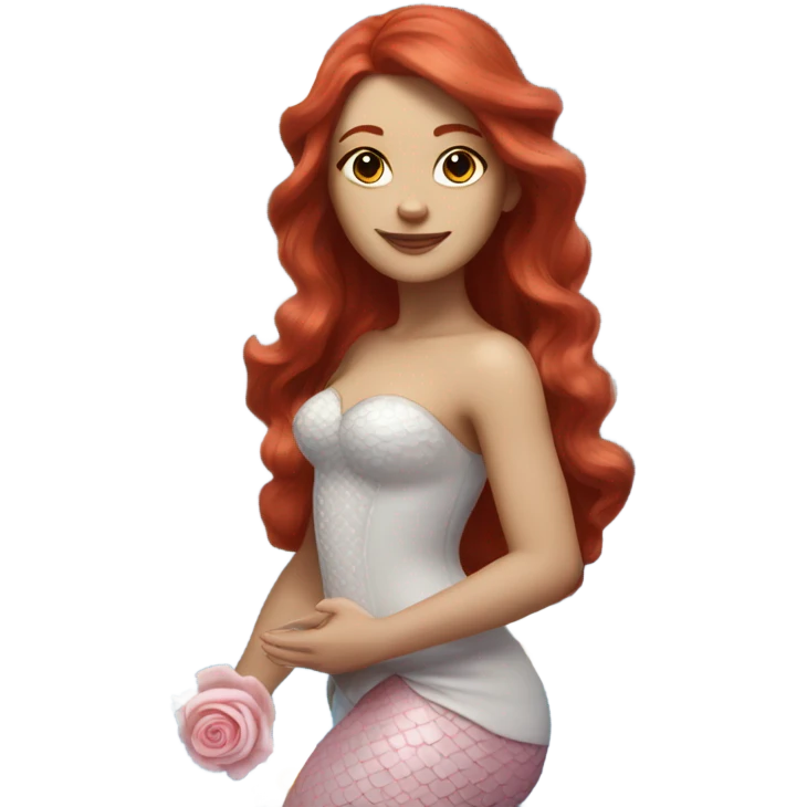Realistic european woman with longer red  hair with pink roses & white daisies in hair wearing mermaid style blue dress posed elegantly  emoji