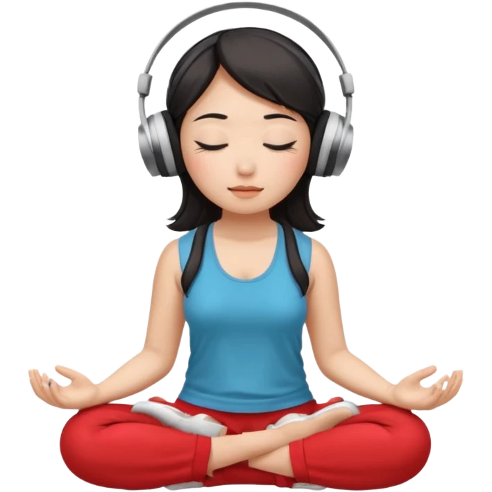 An East Asian woman🧘🏻‍♀️ is sitting cross-legged in a meditation pose, wearing Apple headphones🎧 and listening to music. The song is so beautiful that she has her eyes closed and tears streaming down her face. emoji