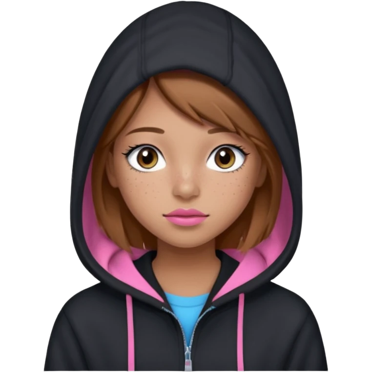 Create a teenage girl with straight light brown hair, tan skin, light freckles, and blue-grey eyes. She will have pink lips and long black eyelashes. She will be wearing a big black hoodie. emoji