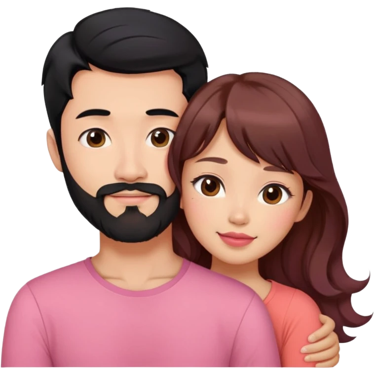 handsome asian man with black hair and beard, hugging cute woman with light tan skin and long wavy reddish brown hair, bangs, pink top, coral lipstick emoji