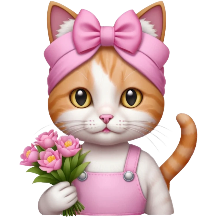 گربه‌ای که دستش یه دسته گل صورتی سفید باشه رو سرش پاپیون باشه و لباس صورتی سفید تنش باشه حالت بیلر داشته باشه و یه کادر کوچیک که نشونه فکر بالا سرش باشه emoji