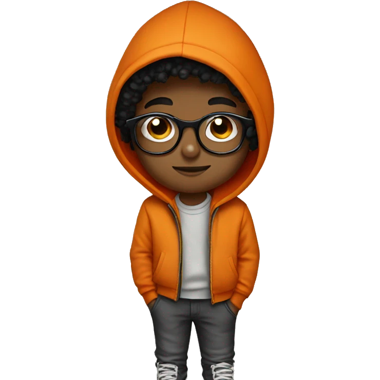 young boy, orange hoodie, black curlies, round glasses emoji