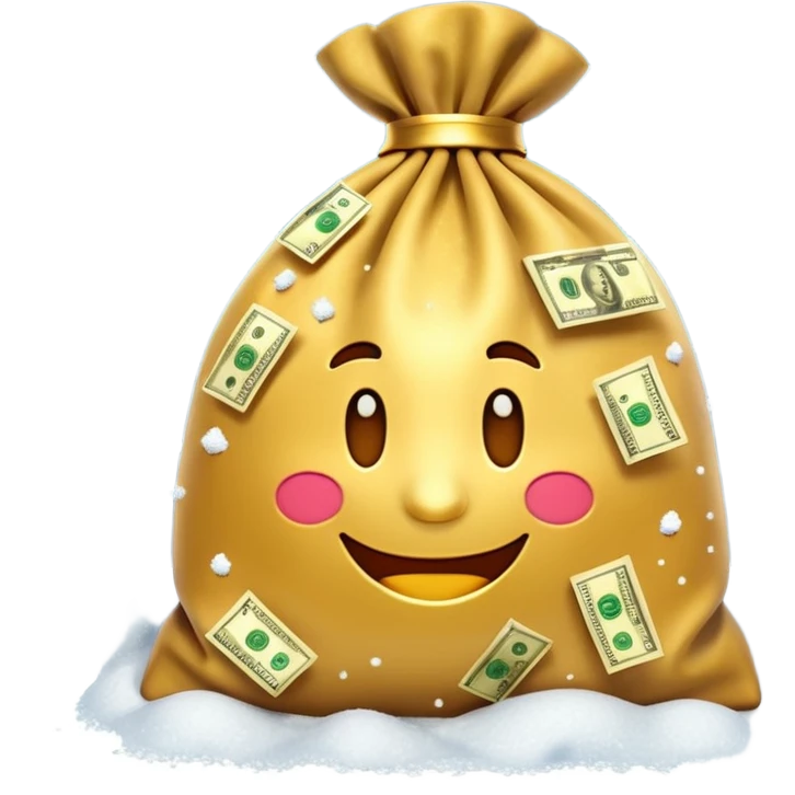 3D emoji style, money bag with dollar bills, New Year theme, snow particles, festive lighting, rich vibe, high detail, transparent background

 emoji