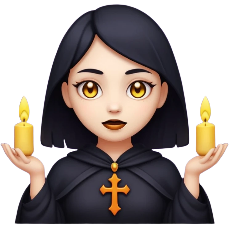 Stylized cult cartoon girl emoji, eerie-cute aesthetic, symmetrical design, subtle spooky vibe, glowing eyes, chanting “AMILK”, bold graphic icon emoji