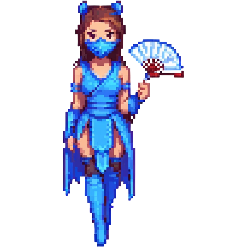 Kitana from Mortal Kombat 3, female character in blue with mask and fans, pixel art style emoji