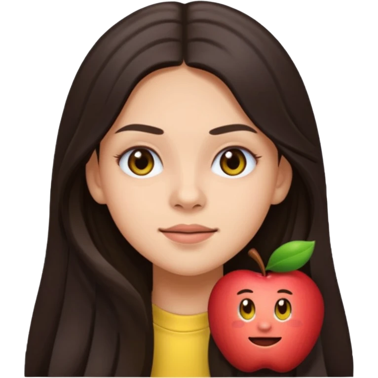 Olivia Rodrigo emoji with long dark hair, expressive eyes, youthful pop star vibe, simple apple-style emoji emoji
