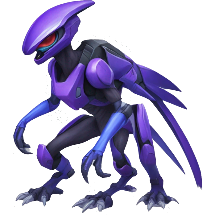 a black-blue-purple Genesect-Raptor-Fakémon—hybrid with a futuristic visor-helmet full body emoji