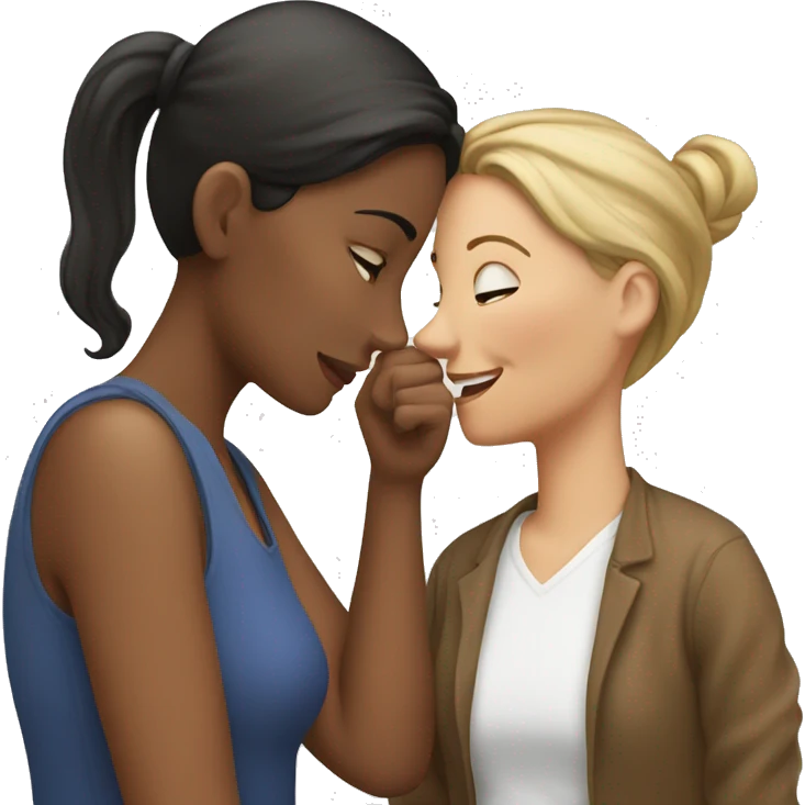 One woman whispers into the ear of another woman closing by hand emoji