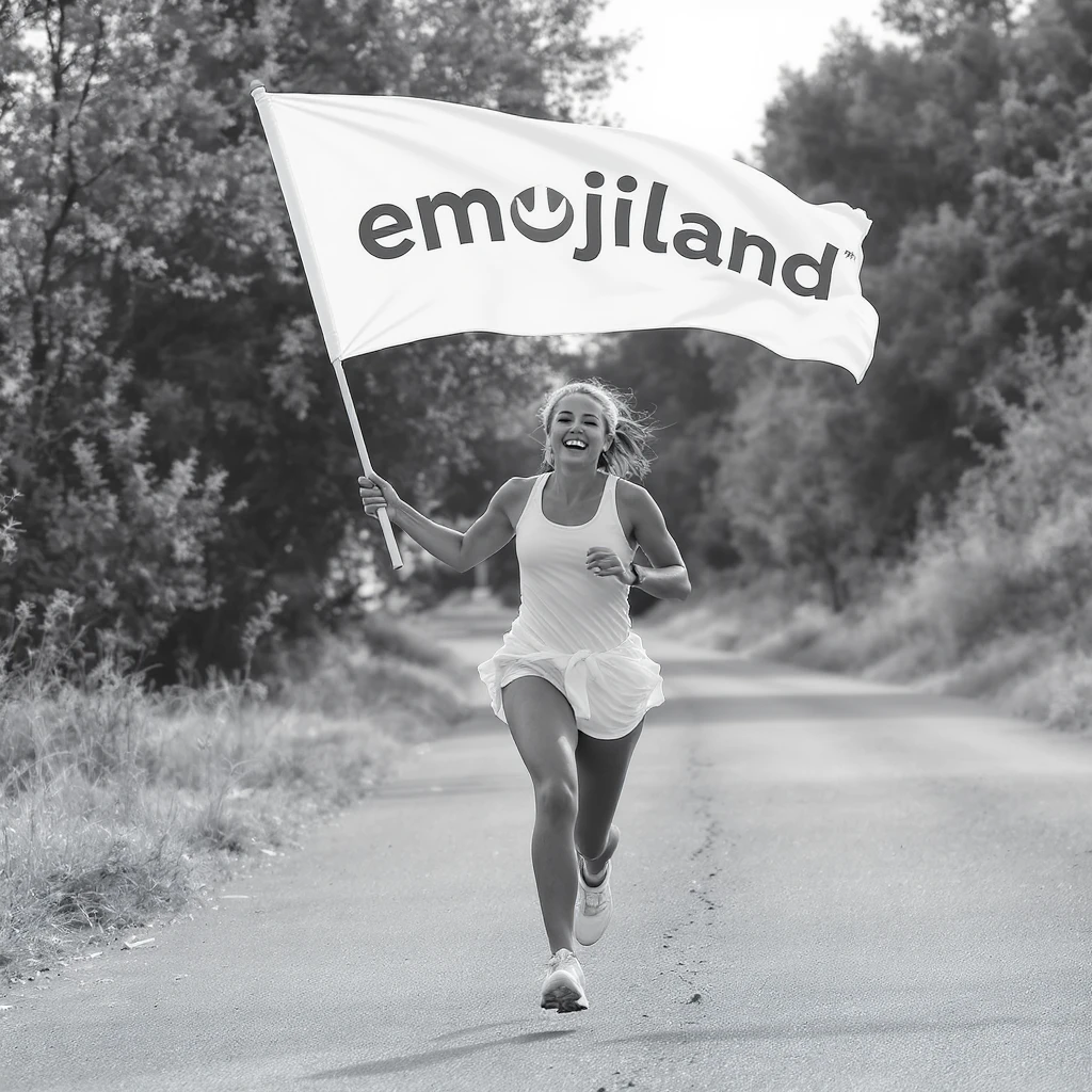 happy runner waving a flag that says 'emojiland' emoji