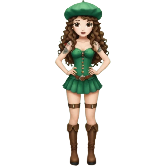 full body woman long curly brown hair brown eyes white skin tattoos wearing mushroom cap hat and thigh high boots, hands on hips, sexy forest sprite emoji
