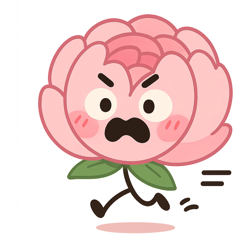 round chibi pastel pink peony flower with blushing cheeks and a panicked expression, rushing with tiny legs, transparent background emoji
