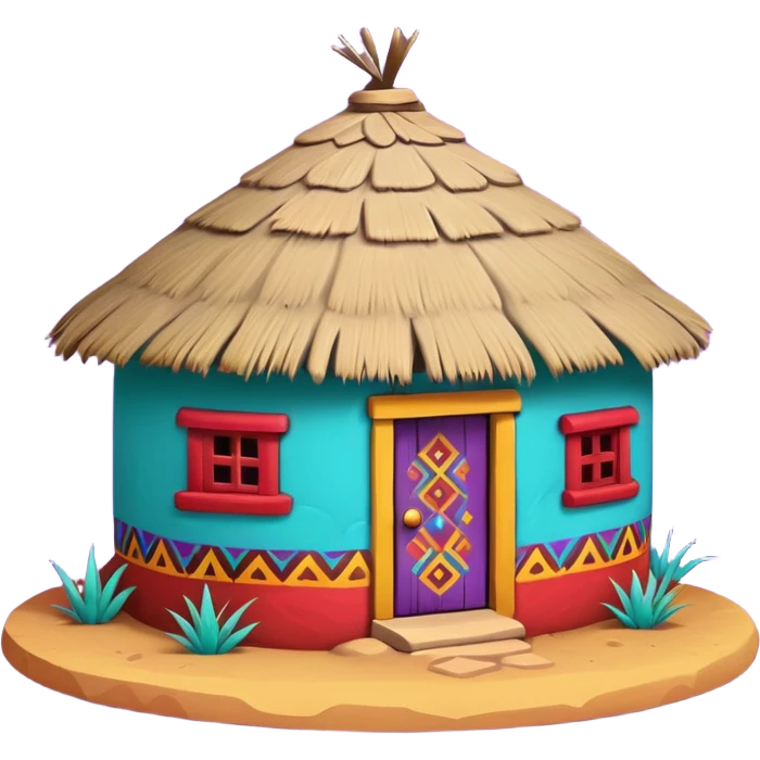 African mud hut tribal house, round adobe clay hut, thatched roof, bright colorful paint, walls in turquoise, red, yellow, purple, tribal patterns, cute mobile game icon, 3D cartoon, soft shadows, clean background, no text, no watermark emoji