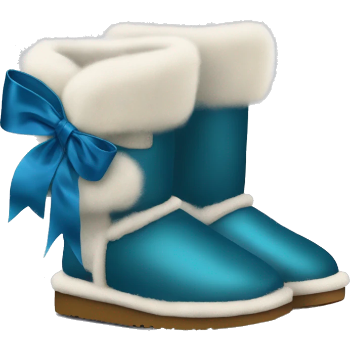 Tall Pair of peacock blue fur Ugg boots with silk ribbon bow. emoji