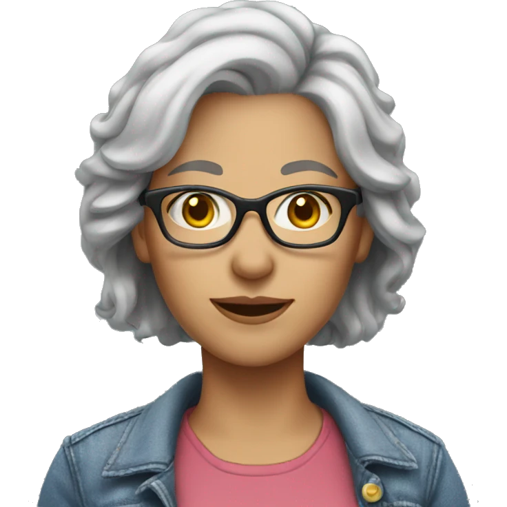female white teacher grey hair with glasses wearing jeans and a jean jacket emoji