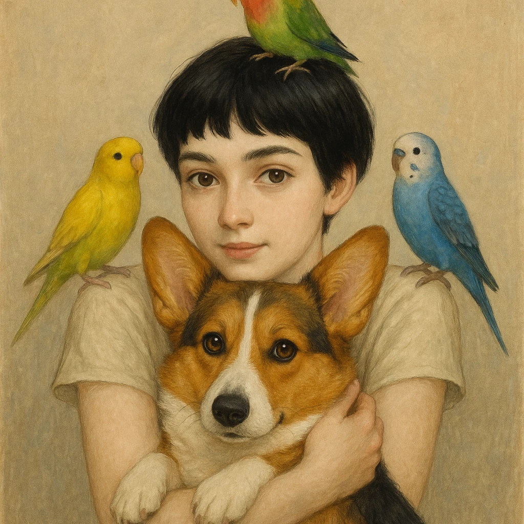 Dark short hair, dark brown eyes with pale skin and thin eyebrows girl hugging a welsh corgi. And a green-reddish lovebird on her head with yellow, blue love birds around her. emoji