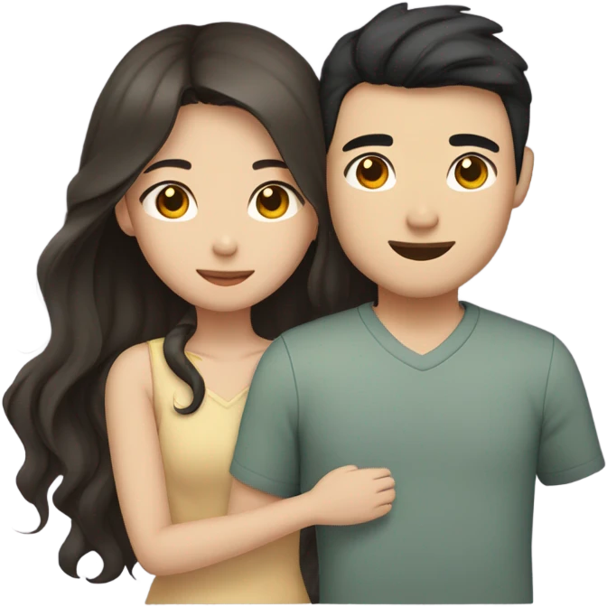 A cute Asian couple hugging each other very tight. The girl has long dark wavy hair and pale skin and dark hazel eyes, the Man has short dark straight hair and bright amber eyes and is pale emoji