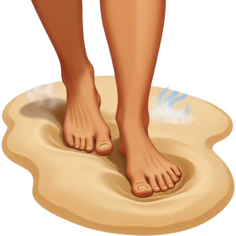 bare foot taking a step on extremely hot beach sand with heat waves and steam rising, showing discomfort without blood emoji
