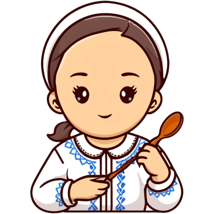 Ukrainian young girl in a white embroidered traditional shirt holding cooking tools like spoon and ladle emoji