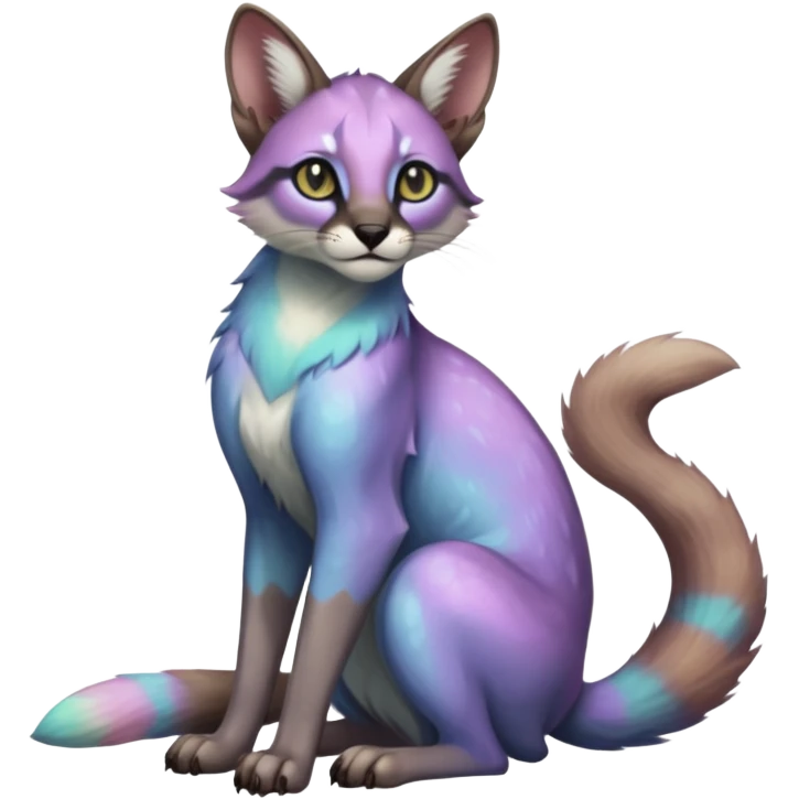 iridescent pastel glorious divine exotic cute cool beautiful shiny beautiful fantasy-caracal-civet-genet-sergal-vernid-Cacomistle-oncilla-animal-Fakémon-hybrid-fursona (full body) emoji