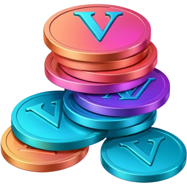 Stack of coins in gradient of turquoise, blue, pink, purple, and coral color with V letter emoji