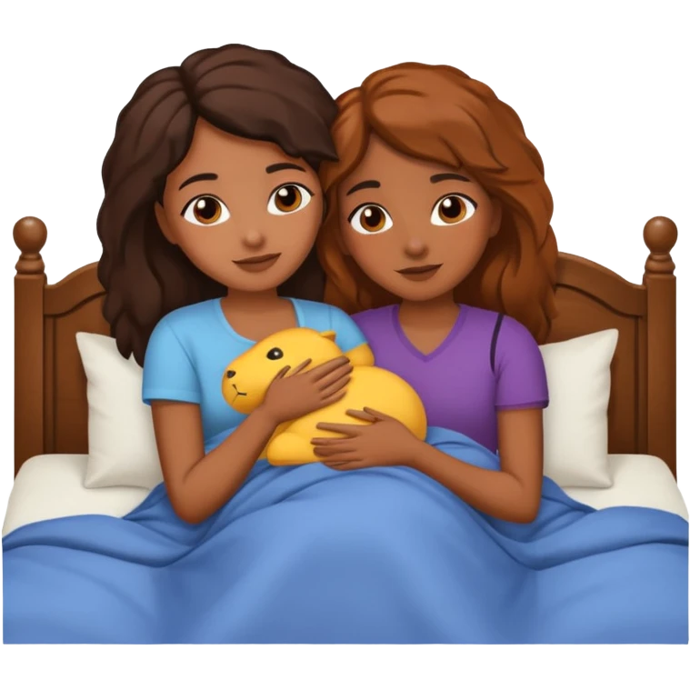 Two brown skin girls cuddling in bed together emoji