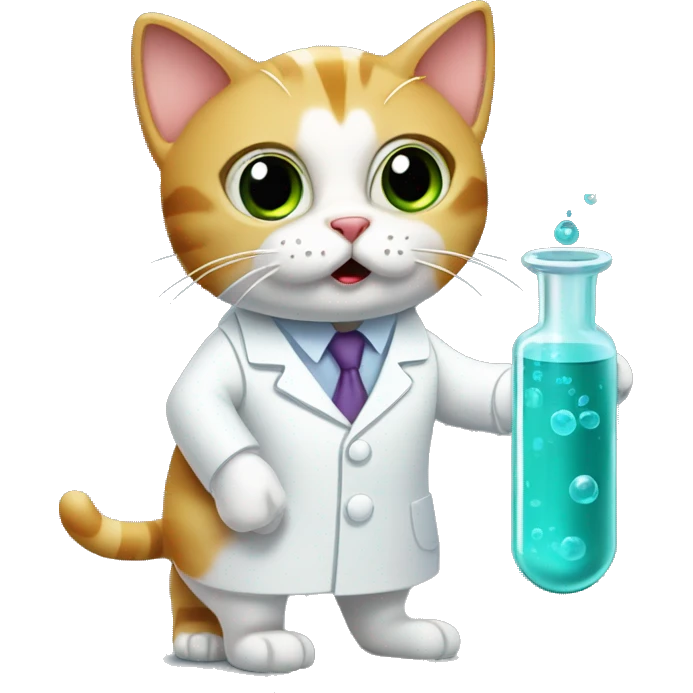 Cat in lab coating with shocked expression holding a vial emoji