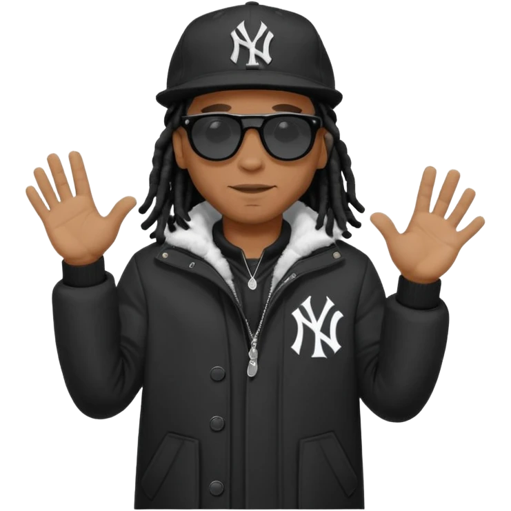 African American man with shoulder length black dreadlocks wearing black sunglasses with black bubble winter coat wearing a New York Yankees baseball hat with hands out emoji