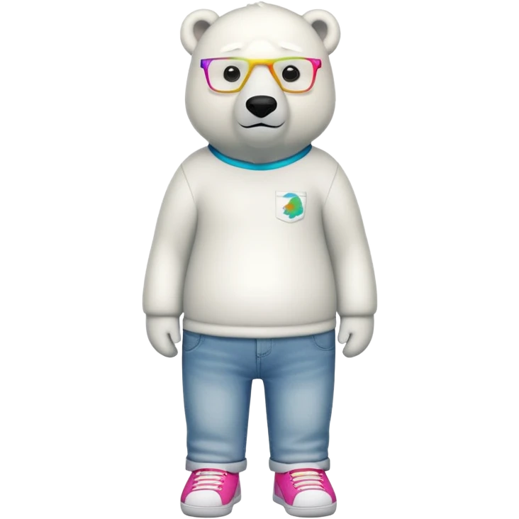 friendly anthropomorphised polar bear standing upright, looking chilled and unbothered, wearing a shirt, jeans, trainers, colorful glasses emoji