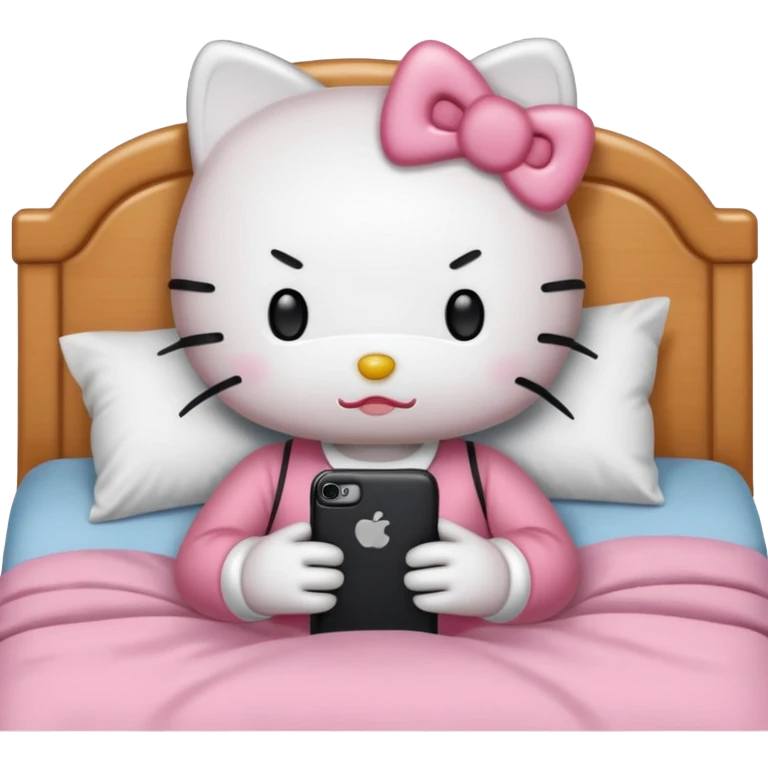 hello kitty tucked into bed on her phone emoji