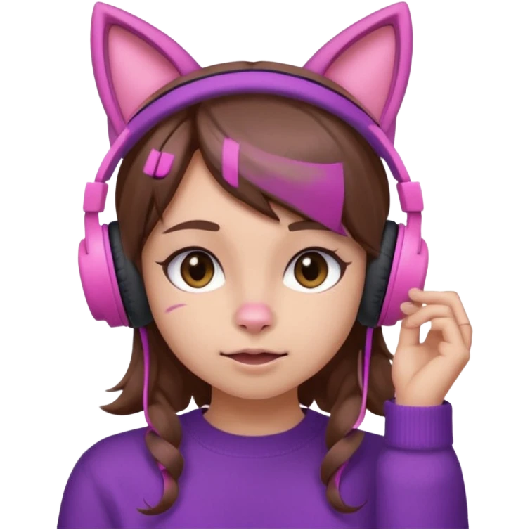 une fille avec des écouteurs de chat rose et des cheveux brun qui fais une grimasse chandaille mauve emoji