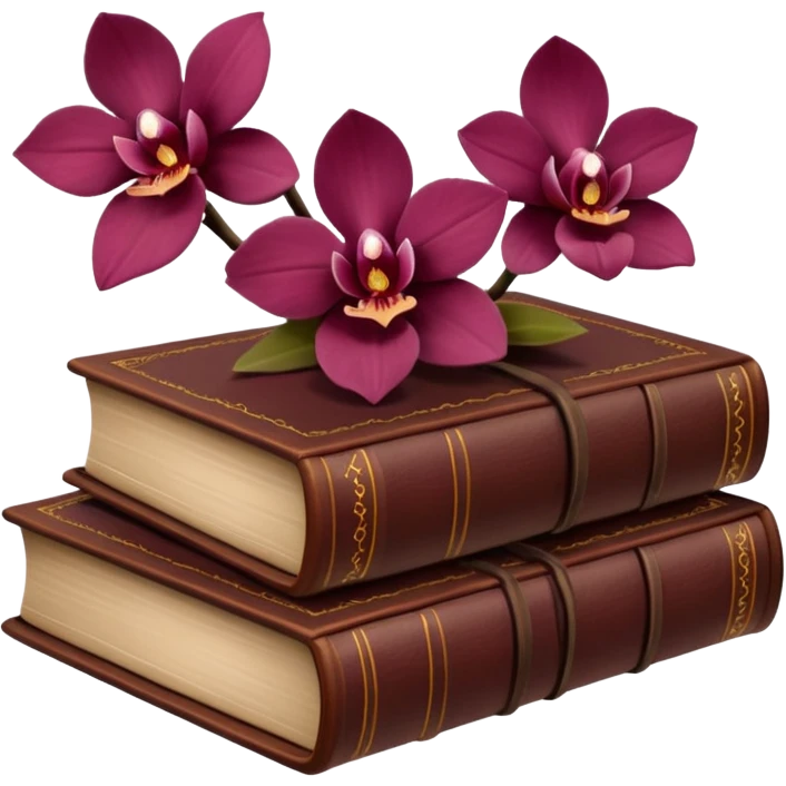 Dark academia 3 brown books with small burgundi orchid emoji
